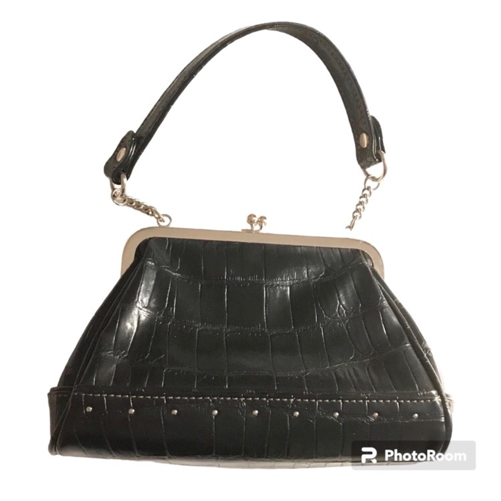 Vintage Small Black Faux Leather Purse with Silver Kiss Lock and Chain Handle